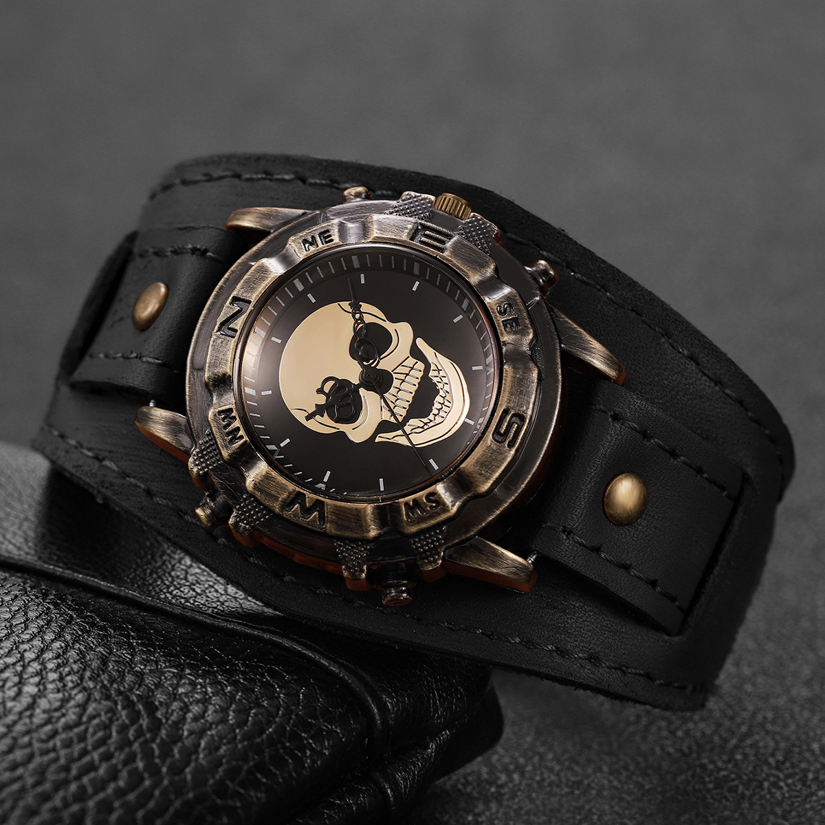Vintage Collectible Watches - Vintage Skull Men Watch Wide Dark